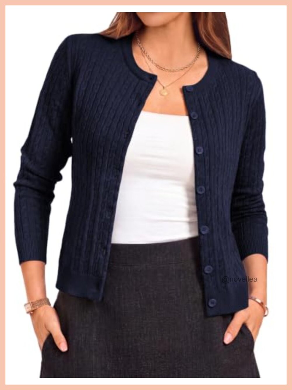 Cable Knit Cardigan Sweater Lightweight Button Down Crew Neck